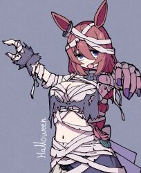 Rule 34 | 1girl, animal ears, bandaged arm, bandaged head, bandages, blue eyes, breasts, brown hair, chest sarashi, commentary, hair between eyes, halloween, horse ears, large breasts, long hair, looking at viewer, navel, open mouth, outstretched arms, purple nails, sarashi, solo, sudzume, super creek (chiffon ribbon mummy) (umamusume), super creek (umamusume), umamusume, upper body, wrist cuffs