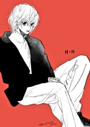 Rule 34 | 1boy, artist name, casual, chain, closed mouth, copyright name, earrings, feet out of frame, hunter x hunter, invisible chair, jacket, jewelry, knee up, kurapika, long sleeves, looking at viewer, male focus, monochrome, morisita suu, pants, red background, ring, short hair, sitting, sketch, solo, turtleneck