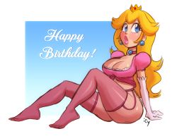 Rule 34 | 1girl, absurdres, adapted costume, arm support, artist name, blonde hair, blue background, blue eyes, breasts, choker, cleavage, crown, earrings, elbow gloves, english text, eyelashes, full body, garter belt, gloves, happy birthday, highres, iseenudepeople, jewelry, large breasts, legs, lips, long hair, looking away, mario (series), nintendo, no shoes, nose, nostrils, parted lips, pink choker, pink lips, pink shirt, pink thighhighs, princess peach, puffy short sleeves, puffy sleeves, shirt, short sleeves, signature, sitting, solo, super mario bros. 1, thick lips, thighhighs, thighs, white background, white gloves, white thighhighs