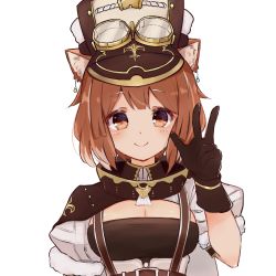 Rule 34 | 1girl, animal ear fluff, animal ears, black gloves, breasts, brown hair, cape, cleavage cutout, closed mouth, clothing cutout, gloves, goggles, goggles on headwear, hat, highres, large breasts, looking at viewer, nijisanji, orange eyes, puffy short sleeves, puffy sleeves, ratna petit, red panda ears, shimaji noma, short sleeves, smile, solo, transparent background, upper body, virtual youtuber, w