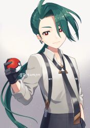 Rule 34 | 1girl, ahoge, aona (noraneko), black necktie, black pants, bright pupils, buttons, collared shirt, commentary request, creatures (company), earrings, game freak, green hair, hand on own hip, highres, holding, holding poke ball, jewelry, long hair, looking at viewer, necktie, nintendo, pants, poke ball, poke ball (basic), pokemon, pokemon sv, ponytail, red eyes, rika (pokemon), shirt, solo, stud earrings, suspenders, watermark, white pupils