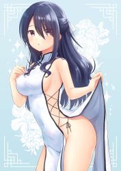 Rule 34 | 1girl, :o, bare arms, bare shoulders, black hair, blue background, breasts, china dress, chinese clothes, commentary request, commission, dress, floral background, hair over one eye, hair ribbon, highres, izanami kyouko, kamisama ni natta hi, long hair, looking at viewer, medium breasts, nakamura hinato, parted lips, purple eyes, ribbon, sideboob, skeb commission, sleeveless, sleeveless dress, solo, very long hair, white dress, white ribbon