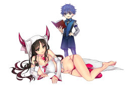 Rule 34 | 10s, 1boy, 1girl, barefoot, bikini, bikini bottom only, black hair, blue eyes, blue hair, book, bow, bowtie, breasts, brown hair, facial mark, fate/extra, fate/extra ccc, fate (series), forehead mark, furon (froon), green eyes, hand on own hip, hans christian andersen (fate), hat, horns, large breasts, lying, navel, on side, sessyoin kiara, sideboob, spoilers, swimsuit, vest