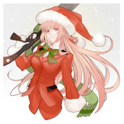 Rule 34 | 1girl, ammunition, arlizi, border, bow, bowtie, braid, collared shirt, fate/grand order, fate (series), florence nightingale (fate), florence nightingale (santa) (fate), french braid, fur-trimmed headwear, fur-trimmed jacket, fur trim, gloves, green bow, green bowtie, gun, hat, highres, holding, holding gun, holding weapon, jacket, light machine gun, long hair, long sleeves, looking at viewer, pink hair, pom pom, red bow, red bowtie, red eyes, santa costume, santa hat, shirt, simple background, solo, suit jacket, trigger discipline, upper body, very long hair, weapon, white gloves, white shirt