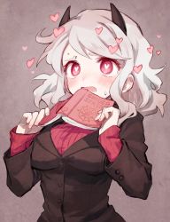 Rule 34 | 1girl, black suit, blush, book, breasts, brown jacket, demon girl, demon horns, demon tail, formal, heart, heart-shaped pupils, helltaker, highres, holding, holding book, horns, jacket, large breasts, layered sleeves, long hair, long sleeves, modeus (helltaker), open book, open mouth, red eyes, sleeves past wrists, soto, suit, sweatdrop, sweater, symbol-shaped pupils, tail, upper body, white hair