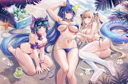 Rule 34 | 3girls, anchorage (azur lane), anchorage (dolphins and swim lessons) (azur lane), animal ears, armpits, ass, azur lane, bare shoulders, beach, bikini, blonde hair, blue bikini, blue eyes, blue hair, blush, breasts, cat ears, cheshire (azur lane), cheshire (summery date!) (azur lane), cleavage, cooler, cup, drinking glass, eyewear on head, feet, feet out of frame, food, fruit, hair between eyes, hair ornament, highres, large breasts, legs, lime (fruit), long hair, looking at viewer, lying, mojito, multiple girls, navel, new jersey (azur lane), new jersey (midsummer leisure) (azur lane), no shoes, o-ring, official alternate costume, on back, on side, one eye closed, outdoors, seiza, sitting, smile, soles, stardust (chen&#039;ai weiding), stomach, string bikini, sunglasses, swimsuit, thighhighs, thighs, toes, twintails, very long hair, white thighhighs