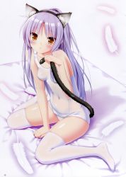 Rule 34 | 10s, 1girl, absurdres, angel beats!, animal ears, bed, breasts, cat ears, cat tail, covered erect nipples, covered navel, feathers, feet, highres, kani biimu, looking at viewer, no shoes, one-piece swimsuit, purple hair, school swimsuit, shiny clothes, shiny skin, sitting, skindentation, small breasts, solo, swimsuit, tail, tenshi (angel beats!), thighhighs, wariza, white thighhighs, yellow eyes