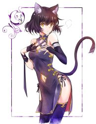 Rule 34 | 1girl, animal ear fluff, animal ears, black hair, black thighhighs, blake belladonna, breasts, cat ears, cat girl, cat tail, china dress, chinese clothes, cleavage, clothing cutout, cropped legs, dress, gold trim, highres, iesupa, navel, navel cutout, pelvic curtain, rwby, solo, tail, thighhighs, yellow eyes