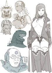 Rule 34 | 1boy, 2girls, bad id, bad pixiv id, bodypaint, breasts, center opening, choker, covered erect nipples, curvy, cyborg, dark skin, demon, earrings, elbow gloves, energy sword, fangs, gauntlets, glasses, gloves, godzilla, hip focus, jewelry, kusagami style, large breasts, light smile, lightsaber, lips, looking at viewer, monochrome, monster, multiple girls, nipples, no bra, open mouth, original, pointy ears, revealing clothes, robot, rocket launcher, simple background, sketch, spikes, standing, sword, tattoo, thigh gap, thighhighs, thighs, topless, tribal, tribal tattoo, unfinished, weapon, white background