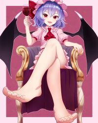 Rule 34 | 1girl, alcohol, armchair, barefoot, chair, crossed legs, cup, demon wings, drinking glass, fangs, feet, foot focus, hat, highres, looking at viewer, medium hair, open mouth, purple hair, red eyes, remilia scarlet, sitting, soles, toes, touhou, wine, wine glass, wings