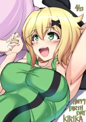 Rule 34 | 2girls, akatsuki kirika, arm up, armpits, blonde hair, blush, breasts, commentary request, green eyes, green shirt, hair ornament, holding hands, large breasts, looking at another, lying on lap, multiple girls, nail polish, open mouth, out of frame, senki zesshou symphogear, shiny skin, shirt, short hair, sitting, smile, solo focus, tank top, teeth, tsukuyomi shirabe, x hair ornament, yottan