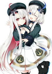 Rule 34 | 2girls, ahoge, armband, azur lane, beret, blue eyes, commentary request, hat, highres, hug, irohasu (mmgn7434), libeccio (azur lane), long hair, maestrale (azur lane), multicolored hair, multiple girls, one eye closed, red eyes, shoes, siblings, silver hair, simple background, two-tone hair, white background