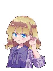 Rule 34 | 1girl, adapted costume, blonde hair, blue eyes, blush, cardigan, closed mouth, collared dress, dress, highres, maribel hearn, medium hair, nama udon, open cardigan, open clothes, purple cardigan, purple dress, simple background, sleeves past elbows, smile, solo, touhou, upper body, white background