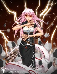 Rule 34 | 1girl, belt, copyright name, destruction, dress, electricity, floating rock, hair between eyes, highres, lamia, lightning, long hair, looking at viewer, md5 mismatch, midnight (banyex), mole, mole under eye, monster girl, ofuda, pink hair, pixiv fantasia, pixiv fantasia fallen kings, pointy ears, red eyes, solo, standing, sword, tail, talisman, very long hair, weapon