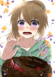 Rule 34 | 1boy, absurdres, birthday cake, blueberry, blush, brown hair, cake, character name, chocolate cake, collarbone, confetti, dated, embarrassed, flying sweatdrops, food, fruit, hair between eyes, happy birthday, highres, hood, hoodie, long hair, long sleeves, looking at viewer, male focus, minashiro soushi (2), open mouth, ponytail, purple eyes, raspberry, shimotsukishin, simple background, solo, soukyuu no fafner, strawberry, sweatdrop, wavy mouth, white background