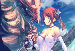 Rule 34 | 1girl, blue eyes, blue sky, breasts, bridal gauntlets, brown hair, choker, cleavage, cloud, collarbone, day, detached sleeves, dragon, hair ornament, highres, holding paw, large breasts, long hair, original, outdoors, ponytail, sky, smile, solo, strapless, tenmaso, upper body