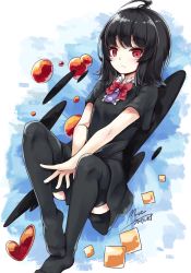 Rule 34 | 1girl, ahoge, bad id, bad twitter id, black dress, black hair, black thighhighs, blush, bow, bowtie, closed mouth, dress, heart, highres, houjuu nue, looking at viewer, maremay0513, no wings, red bow, red bowtie, red eyes, short sleeves, solo, thighhighs, touhou, v arms
