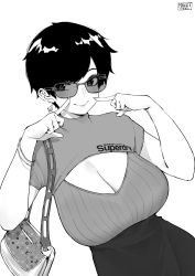 Rule 34 | 1girl, bag, black hair, black skirt, bracelet, breasts, cleavage, cleavage cutout, closed mouth, clothing cutout, earrings, finger to mouth, greyscale, handbag, highres, jewelry, large breasts, monochrome, norman maggot, olive laurentia, original, pixie cut, short hair, short sleeves, skirt, smile, sunglasses, white background