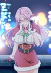 Rule 34 | 1girl, alcohol, bell, belt, black belt, blurry, blush, bokeh, breasts, capelet, christmas, city lights, cup, depth of field, drinking glass, fur trim, gloves, highres, holding, holding cup, kantai collection, large breasts, long hair, looking at viewer, luigi di savoia duca degli abruzzi (kancolle), multicolored hair, night, nose blush, one eye closed, outdoors, pink eyes, pink hair, red gloves, red hair, red skirt, short sleeves, skirt, smile, solo, streaked hair, suke (share koube), wine, wine glass