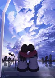 Rule 34 | 2girls, black hair, cloud, day, head rest, leaning on person, lens flare, long hair, multiple girls, nanahime, original, red scarf, reflection, revision, ruins, scarf, school uniform, serafuku, shared clothes, shared scarf, short hair, sitting, skirt, sky, water, yuri