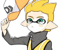Rule 34 | 1boy, animated, animated gif, blonde hair, comamawa, frown, green eyes, grey jacket, hat, inkling, inkling boy, inkling player character, jacket, long sleeves, looking at object, looking at viewer, nintendo, one eye covered, pointy ears, short hair, simple background, source request, splatoon (series), splatoon 2, upper body, white background, yellow headwear, yellow jacket