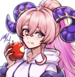 1girl alternate_costume apple artist_name eating fire_emblem fire_emblem_heroes food fruit goat_horns highres holding holding_food holding_fruit hood hoodie horns long_hair looking_at_viewer nerthuz_(fire_emblem) nintendo pink_hair ponytail rotomdocs simple_background smile solo upper_body very_long_hair white_background