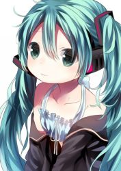Rule 34 | 1girl, bad id, bad pixiv id, bra, green eyes, green hair, hatsune miku, headphones, long hair, looking at viewer, matching hair/eyes, messy hair, off shoulder, opopowa, simple background, solo, twintails, underwear, upper body, vocaloid, white background