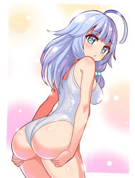 Rule 34 | 1girl, ahoge, aqua eyes, ass, ass grab, ass support, bare shoulders, blue hair, blush, breasts, character request, cougar (cougar1404), deep skin, from behind, hair bobbles, hair ornament, huge ass, leaning, leaning forward, long hair, looking at viewer, medium breasts, one-piece swimsuit, sideboob, solo, swimsuit, wedgie