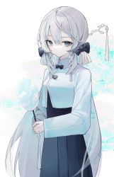 Rule 34 | 0 (znanimo), 1girl, absurdres, arknights, black bow, black skirt, bow, braid, closed mouth, commentary request, grey eyes, grey hair, hair between eyes, hair bow, highres, holding, jacket, long hair, long sleeves, looking at viewer, mulberry (arknights), pleated skirt, sidelocks, skirt, solo, twin braids, very long hair, white jacket