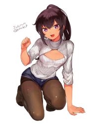 Rule 34 | 1girl, 2016, :d, absurdres, arm support, black pantyhose, blue shorts, blush, brown hair, buttons, dark-skinned female, dark skin, dated, flat chest, full body, head tilt, highres, konbu wakame, long hair, long sleeves, looking at viewer, meme attire, on one knee, open-chest sweater, open mouth, original, pantyhose, pantyhose under shorts, ponytail, purple eyes, short shorts, shorts, simple background, smile, solo, sweater, turtleneck, white background