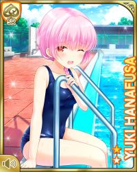 Rule 34 | 1girl, barefoot, braid, braided ponytail, card (medium), chainlink fence, compatition swinsuit, day, girlfriend (kari), hanafusa yuki, official art, one eye closed, open mouth, outdoors, pink hair, ponytail, pool, qp:flapper, red eyes, school uniform, scrunchie, shy, sitting, solo, tagme, thighhighs