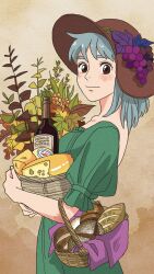 Rule 34 | 1girl, autumn leaves, basket, berry, bottle, bouquet, bread, brown background, burger, collarbone, cowboy shot, dress, flower, food, from side, fruit hat ornament, grape hat ornament, green dress, grey hair, hat, highres, holding, holding basket, howl no ugoku shiro, leaf, leaf hat ornament, long sleeves, looking at viewer, looking to the side, puffy short sleeves, puffy sleeves, rikaco1988, short hair, short sleeves, smile, solo, sophie (howl no ugoku shiro), sun hat, wine bottle