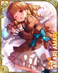 Rule 34 | 1girl, ;o, alternate hairstyle, amari akari, bed, blue bow, bow, brown bow, brown dress, brown hair, card (medium), character name, dress, frills, girlfriend (kari), indoors, lying, nail polish, official art, on side, one eye closed, open mouth, pillow, qp:flapper, red eyes, ringlets, shoes, solo, tagme