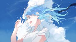 Rule 34 | 1girl, absurdres, alternate costume, alternate hairstyle, blue hair, blue nails, blue sky, blurry, blurry background, chromatic aberration, closed eyes, cloud, cloudy sky, collared shirt, commentary request, day, dress shirt, earrings, facing to the side, floating hair, from side, hakua (aiziro 039), hand up, highres, hololive, hoshimachi suisei, jewelry, lens flare, medium hair, nail polish, open mouth, outdoors, profile, shirt, short sleeves, sky, smile, solo, star (symbol), star earrings, teeth, upper body, upper teeth only, virtual youtuber, white shirt, wind