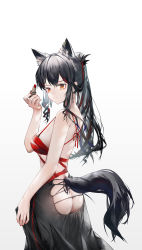 Rule 34 | 1girl, animal ear fluff, animal ears, arknights, ass, ass cutout, bare arms, black hair, black skirt, breasts, brown eyes, butt crack, clothing cutout, cosmetics, cross, cross earrings, ear piercing, earrings, from side, hand up, highres, holding, holding lipstick tube, jewelry, large breasts, lipstick tube, long hair, looking to the side, multicolored hair, nail polish, parted lips, piercing, ponytail, red hair, red nails, skirt, solo, streaked hair, tail, texas (arknights), wolf ears, wolf girl, wolf tail, yuuki mix