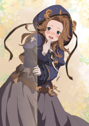 Rule 34 | 1girl, belt, blush, brown hair, cropped jacket, feet out of frame, floral background, florence (granblue fantasy), gloves, granblue fantasy, grey eyes, grey skirt, hood, hood up, hooded jacket, jacket, juliet sleeves, long hair, long sleeves, looking at viewer, mifuta, nose blush, puffy sleeves, skirt, solo, sparkle, standing, white gloves