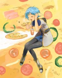 Rule 34 | 00s, 1girl, animal ears, bad id, bad pixiv id, blue hair, blush, closed eyes, dress, eating, food, galaxy angel, goat ears, tucking hair, mint blancmanche, nyama, open mouth, pizza, puffy sleeves, sexually suggestive, short dress, short hair, solo, thighhighs, tongue
