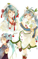 Rule 34 | 1girl, absurdres, aqua hair, blue eyes, capelet, detached sleeves, dress, female focus, flower, hatsune miku, headset, highres, hood, jacket, lily of the valley, multiple persona, necktie, sleeveless, snowflake print, snowflakes, solo, tattoo, twintails, vocaloid