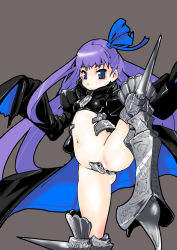 Rule 34 | 10s, 1girl, armor, armored boots, blue eyes, boots, breasts, crotch plate, fate/extra, fate/extra ccc, fate (series), hair ribbon, leg lift, leg up, long hair, long sleeves, looking at viewer, maebari, meltryllis (fate), mersoleil03, navel, purple hair, revealing clothes, ribbon, small breasts, solo, standing, standing on one leg, very long hair