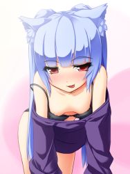 Rule 34 | 1girl, :q, animal ears, bare shoulders, black bra, black panties, blue hair, blush, bra, cat ears, downblouse, extended downblouse, leaning forward, licking lips, lingerie, long hair, naughty face, onegi, original, panties, pink eyes, red eyes, solo, strap slip, tongue, tongue out, underwear, undressing