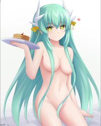 Rule 34 | 1girl, aqua hair, bad id, bad pixiv id, blush, cherry, cowboy shot, dragon girl, dragon horns, fate/grand order, fate (series), food, fruit, hair censor, hair over breasts, heart, highres, horns, keenh, kiyohime (fate), looking at viewer, navel, nude, pancake, sitting, solo focus, yellow eyes