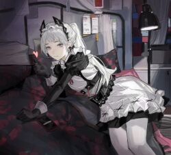 Rule 34 | 1girl, arknights, black gloves, dress, earrings, feet out of frame, gloves, grey eyes, grey hair, head wings, heart, highres, irene (arknights), irene (voyage of feathers) (arknights), jewelry, long hair, looking at viewer, maid, pantyhose, ponytail, shuimo, solo, white dress, white pantyhose, wings