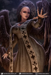 Rule 34 | 1girl, black dress, blonde hair, breasts, brown eyes, cleavage, commentary, curvy, dress, english commentary, highres, jewelry, large breasts, lipstick, looking at viewer, luminyu, makeup, mother miranda, necklace, resident evil, resident evil village, short hair, solo, spoilers, twitter logo, wide hips, wings