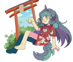 Rule 34 | 1girl, :3, bambootea, closed mouth, collared shirt, commentary request, green eyes, green hair, horns, komano aunn, long hair, no sclera, red shirt, shirt, short sleeves, shorts, solo, tail, torii, touhou, white shorts