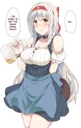 Rule 34 | 10s, 1girl, alcohol, alternate costume, apron, beer, beer mug, blue apron, blush, breasts, brown eyes, choker, collarbone, cup, dirndl, german clothes, hard-translated, headband, highres, kantai collection, large breasts, long hair, mug, shoukaku (kancolle), simple background, solo, speech bubble, suisen toire (moko924), third-party edit, translated, white background, white hair