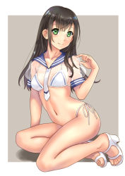 Rule 34 | 1girl, bikini, bikini under clothes, black hair, blue sailor collar, breasts, closed mouth, commentary request, crop top, derivative work, full body, green eyes, hand up, head tilt, high heels, highres, katahira masashi, looking at viewer, medium breasts, navel, necktie, original, outside border, sailor collar, see-through, shadow, short sleeves, side-tie bikini bottom, side-tie bottom, sitting, sleeve cuffs, smile, solo, stomach, straight hair, swimsuit, white footwear