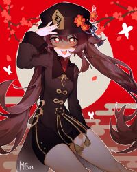 Rule 34 | 1girl, :d, black nails, black shorts, blush, bright pupils, brown coat, brown hair, brown hat, coat, coattails, egasumi, flower, flower-shaped pupils, genshin impact, hat, hat flower, hat tassel, highres, hu tao (genshin impact), long hair, long sleeves, looking at viewer, mandarin collar, mary felizola, open mouth, orange eyes, red background, shorts, signature, smile, solo, symbol-shaped pupils, teeth, twintails, upper teeth only, white pupils