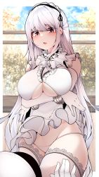 Rule 34 | 1girl, absurdres, azur lane, breast hold, breasts, center frills, dido (azur lane), dress, elbow gloves, frills, gloves, highres, indoors, lace, lace-trimmed legwear, lace trim, large breasts, long hair, panties, red eyes, samip, slit pupils, string panties, thighhighs, thighs, underwear, very long hair, white dress, white gloves, white hair, white thighhighs