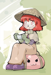 Rule 34 | 1girl, :3, acolyte (ragnarok online), blush, blush stickers, brown capelet, brown skirt, capelet, commentary request, drop shadow, full body, glasses, gloves, green background, green gloves, grey shirt, hat, holding, holding mask, long skirt, long sleeves, looking afar, mask, mizuki hitoshi, mouth mask, open mouth, orange eyes, orange hair, poring, purple footwear, ragnarok online, rice hat, shirt, shoes, sitting, skirt, slime (creature), v-shaped eyebrows