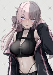 Rule 34 | 1girl, alternate costume, bare shoulders, black choker, black jacket, black panties, black skirt, black vest, blue eyes, blush, bow, braid, breasts, chest harness, chest strap, choker, cleavage, collarbone, crop top, french braid, grey bow, grey hair, hair bow, harness, highleg, highleg panties, highres, jacket, large breasts, lipstick, long hair, looking at viewer, makeup, multicolored hair, navel, noli-pee (little stupid), off shoulder, open clothes, open jacket, panties, panty straps, parted lips, partially unzipped, pink background, pink bow, pink hair, pink jacket, pink nails, skirt, solo, split-color hair, stomach, streaked hair, tachibana hinano (vtuber), two-tone hair, underwear, very long hair, vest, virtual youtuber, vspo!, zipper, zipper pull tab